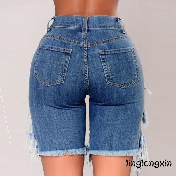 Quần Short Denim Rách Co Giãn Eo Cao Có Thể Giặt Được Thời Trang Đường Phố Cho Nữ Y2K