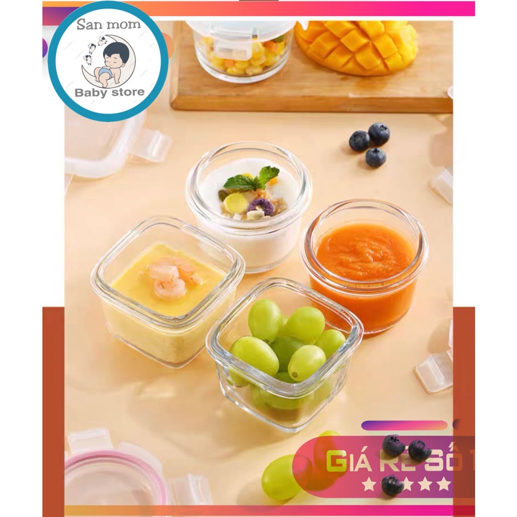Hộp Thủy Tinh Trữ Đồ Ăn Dặm Cho Bé, Hộp Trữ Đông Thực Phẩm Ăn Dặm 180ML, Hộp Thủy Tinh Có Vạch Chia, Rớt Không Bể