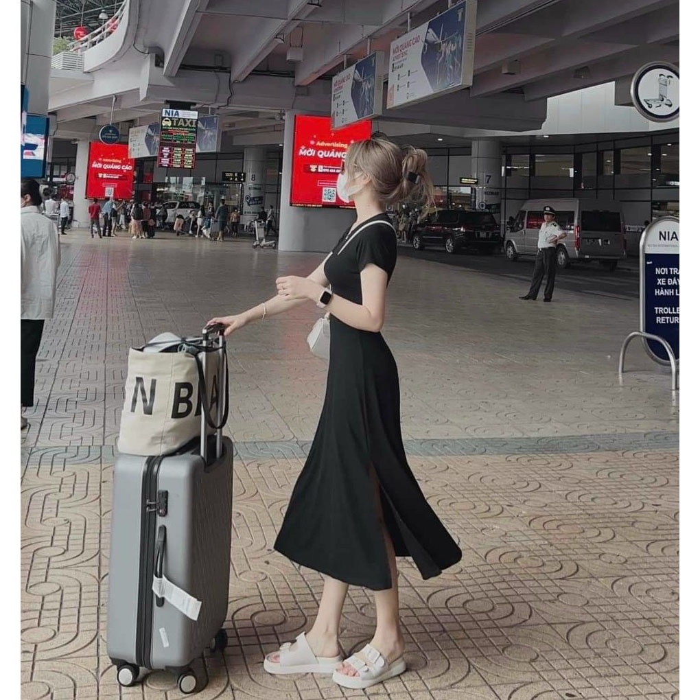 [HCM] Đầm Ôm Body Cổ Tròn Xẻ Tà Thun Gân Thời Trang Nữ Sam Closet Free Size 40-55kg