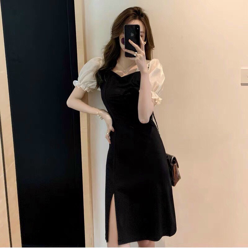Đầm đen cổ vuông xẻ tà phối tay voan, đầm ulzzang xẻ tà đơn giản phong cách hàn quốc