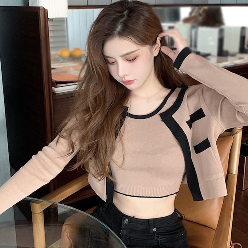 Áo dệt kim sát nách cổ tròn màu sắc tương phản phong cách Hàn Quốc