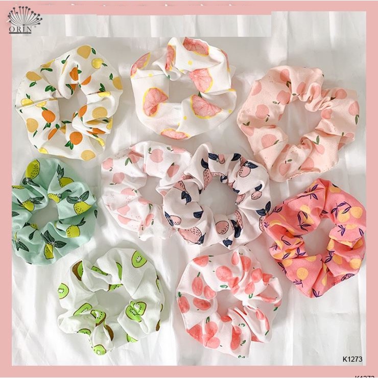 Dây chun buộc tóc scrunchies, dây cột tóc họa tiết trái cây nhiều màu xinh xắn( ngẫu nhiên)