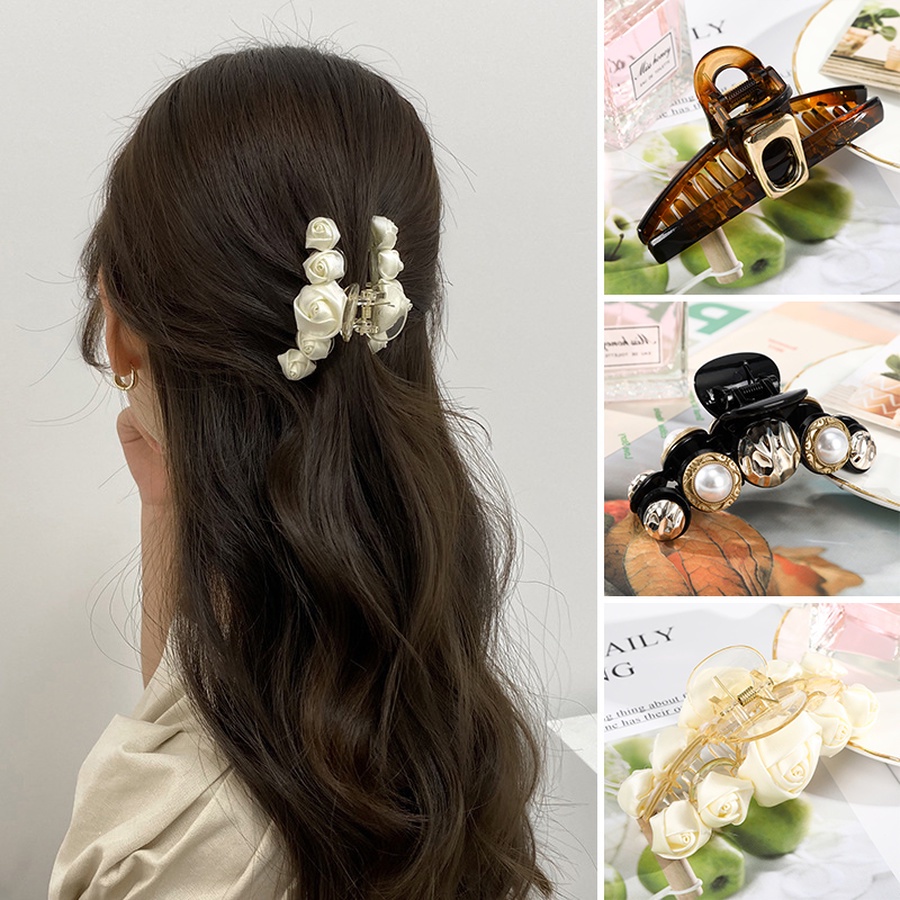 Kẹp tóc đuôi ngựa họa tiết hoa hồng bằng nhựa đính ngọc trai giả thời trang Hàn Quốc sành điệu cho nữ