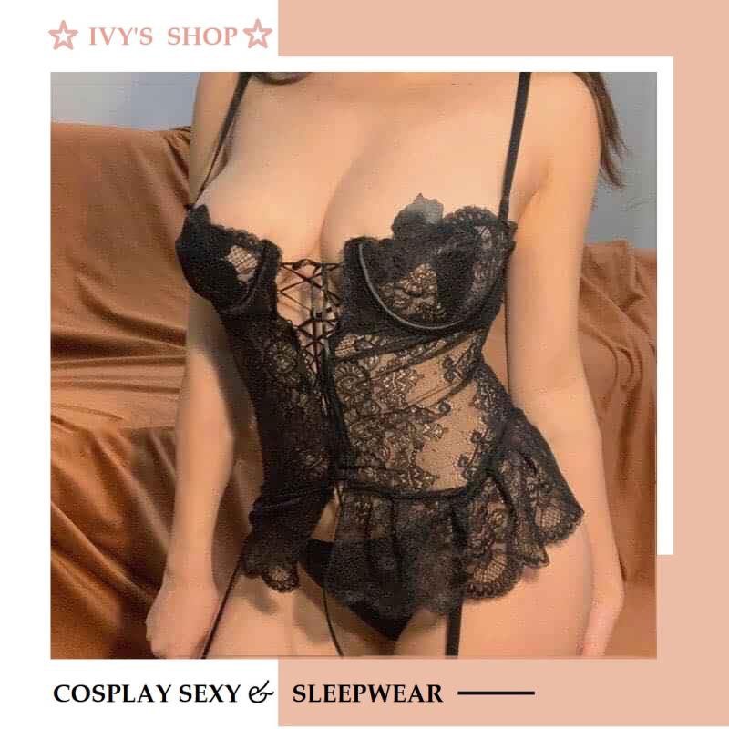 Bộ đồ ngủ bodysuit ren sexy liền kẹp tất - Corset ren có gọng mã GC001 - đen trắng (không tất) | BigBuy360 - bigbuy360.vn