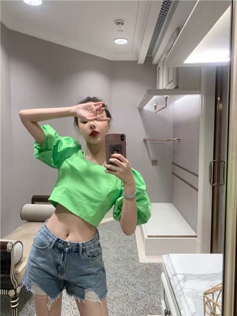 ÁO CROPTOP TAY PHỒNG XANH