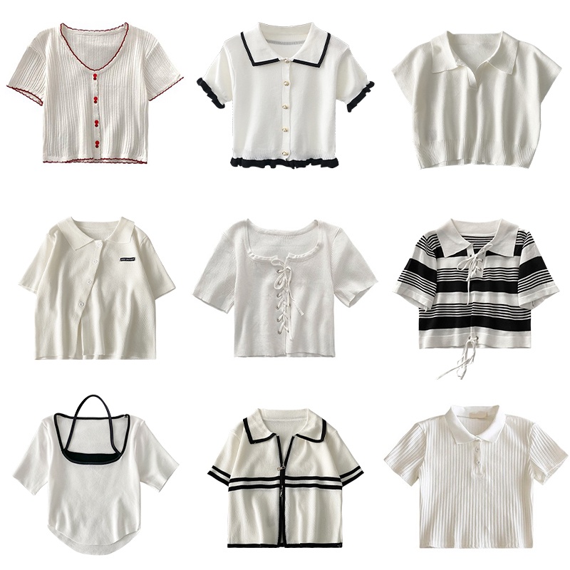 Nuziro Áo Croptop Dệt Kim Tay Ngắn Hoạ Tiết Kẻ Sọc Màu Tương Phản Thời Trang