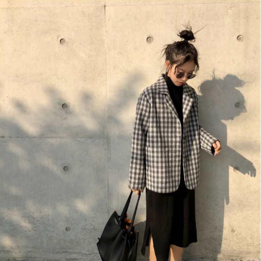 Áo Blazer New Korean Version Ins Mid-length Loose Fashion Retro Casual Plaid Suit Jacket Women
