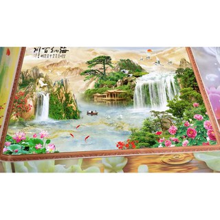 Tranh dán tường 3D thác nước - Vải lụa phủ kim sa