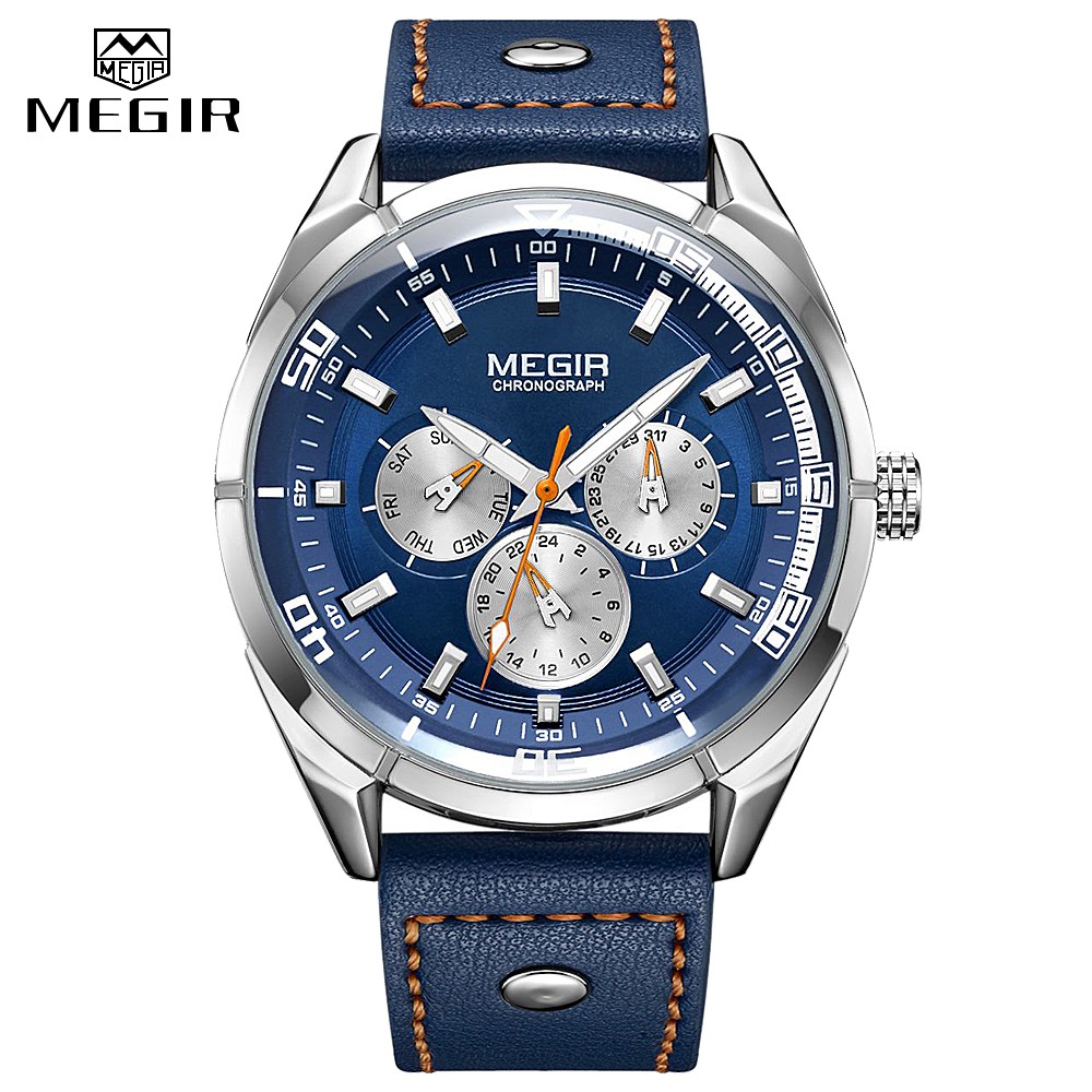 Đồng Hồ Đeo Tay Mặt Tròn Dây Da Xanh Chống Nước Dành Cho Nam MEGIR