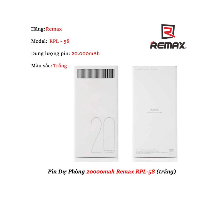 Pin sạc dự phòng chính hãng Remax RPL - 58 20000mAh