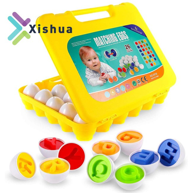 1 box of plastic children’s day gift English letter matching egg simulation assembly egg graphics cognitive smart egg toy portable box as shown in the figure