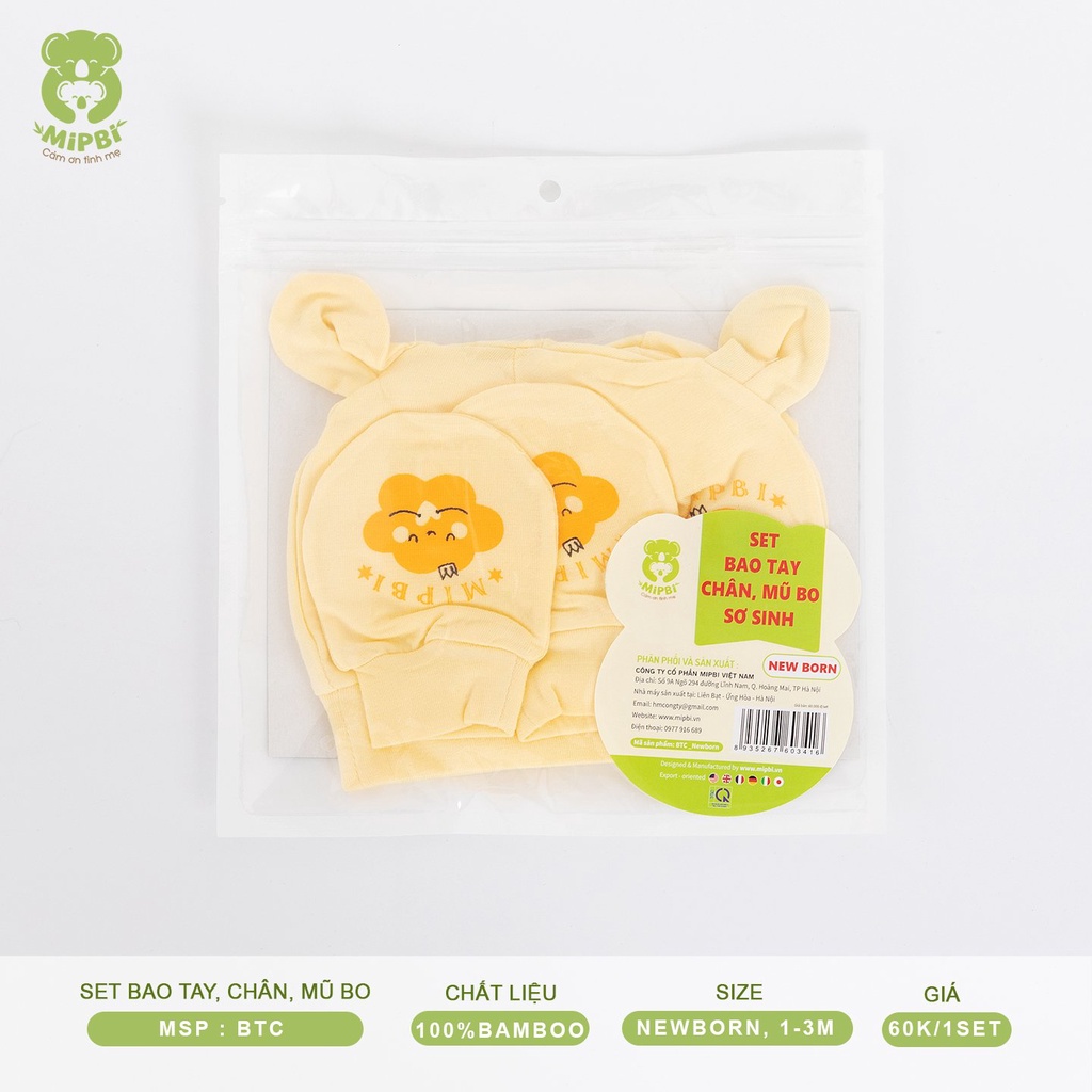 Sét bao tay, bao chân, mũ bo sơ sinh MIPBI 100% Sợi tre