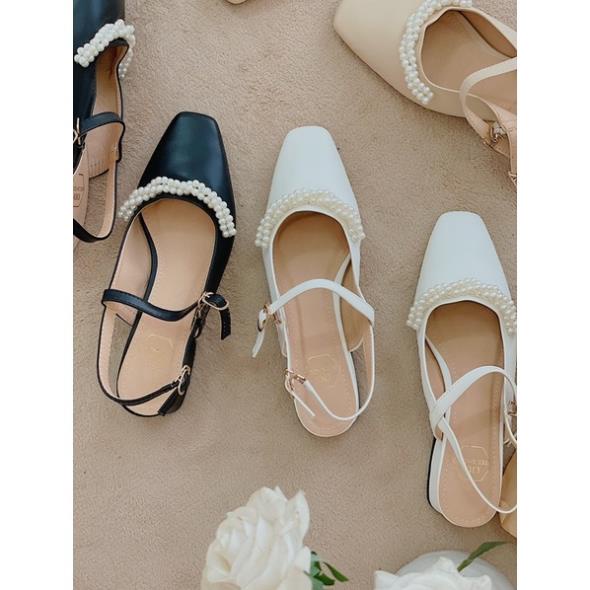 h o t - BEESHOES- GIÀY BÚP BÊ DA MỀM MŨI TRÒN - GIÀY BÚP BÊ ĐẾ TRỤ CAO CM CÓ SẴN MÀU ĐEN - KEM - TRẮNG 0