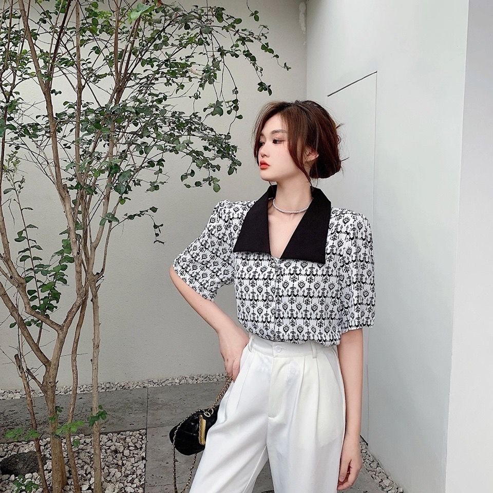 Áo Sơ Mi Tay Ngắn Phồng Cổ Bẻ In Họa Tiết Phong Cách Pháp Thời Trang Mùa Hè Mới Cho Nữ
