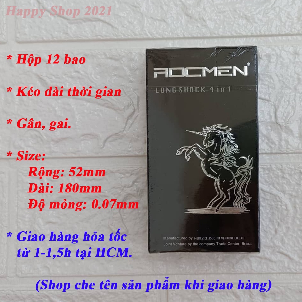Bao cao su kéo dài thời gian Rocmen đen hộp 12 bao - bao gân gai - chống xuất tinh sớm