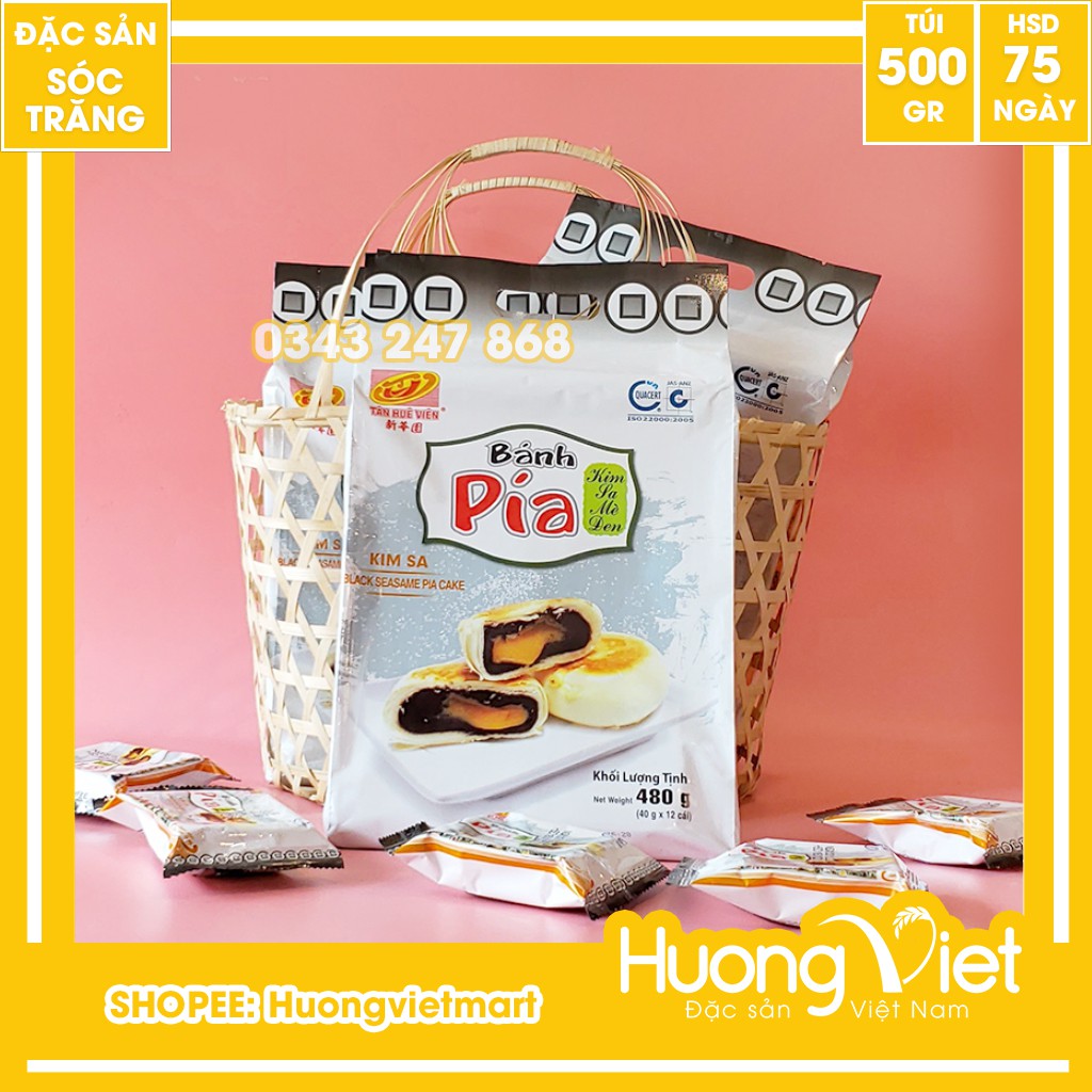 Bánh pía kim sa mè đen tan chảy Tân Huê Viên 500g , bánh pía Sóc Trăng không sầu riêng trứng chảy [MÈ ĐEN TÚI 12 BÁNH]