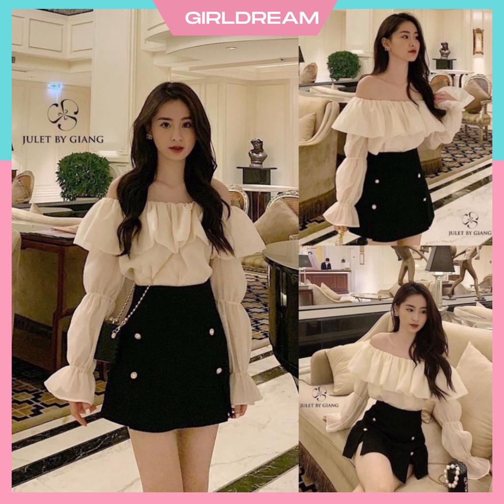 SET Áo Trễ Vai Tay Bồng 2 Lớp Phối Chân Váy Cúc Hàng Cao Cấp Hottrend 2022 GIRLDREAM