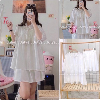 Sét áo babydoll trắng + chân váy xếp ly