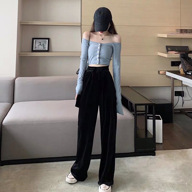 Áo croptop len trễ vai dài tay Ulzzang