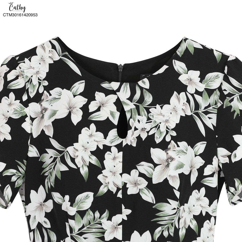 Đầm bút chì hoạ tiết Cathy Clans cổ khoét giọt nước hoa trắng xanh - đen | BigBuy360 - bigbuy360.vn