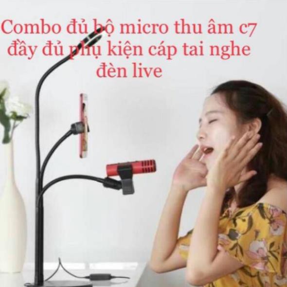 Bộ mic thu âm giá rẻ hát karaoke, livestream trên điện thoại ( Chân đế kẹp mic 3in1 có đèn Led + Micro C7)