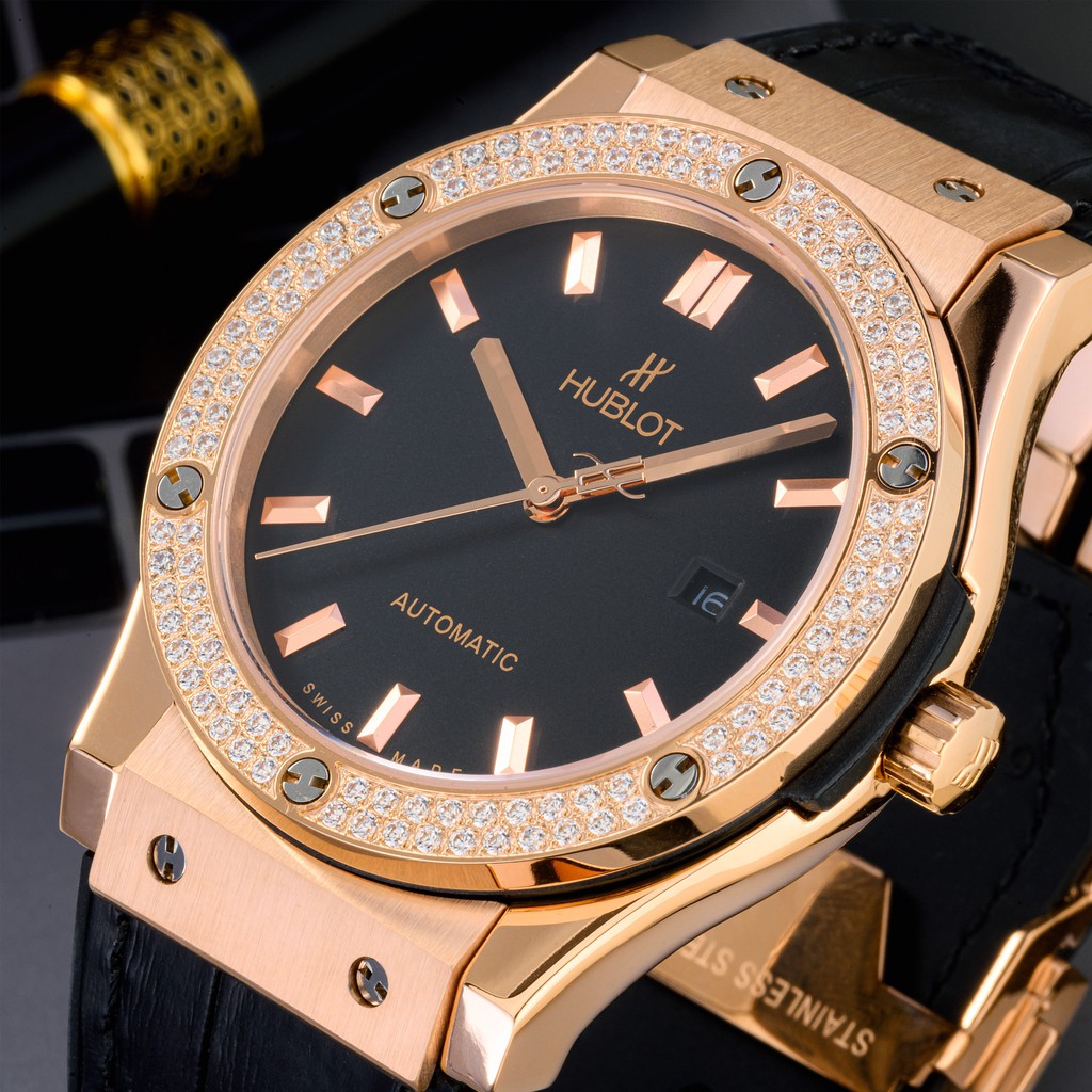 Đồng hồ nam Hublot máy cơ automatic mặt tròn đính viền đá chống nước cao cấp DH8803