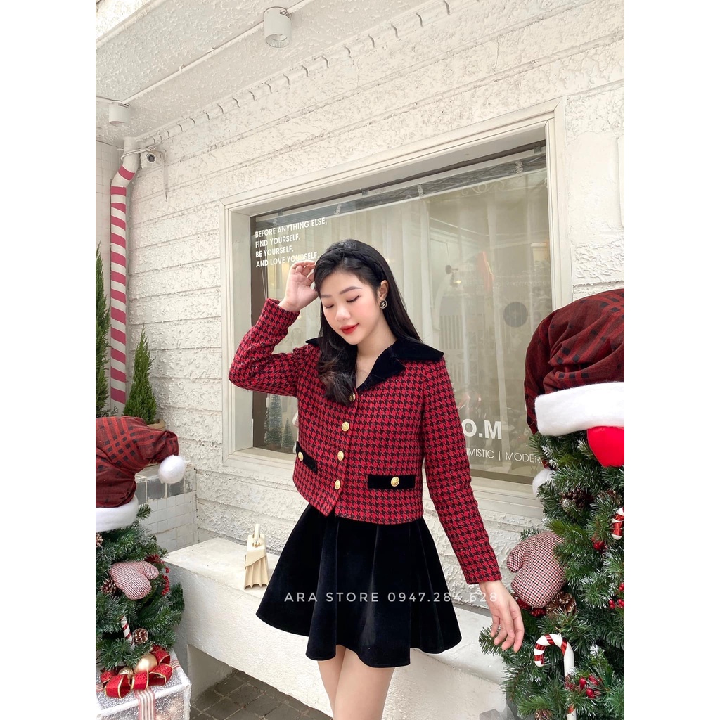 Set váy áo dạ đỏ kẻ cao cấp Ara Store | BigBuy360 - bigbuy360.vn