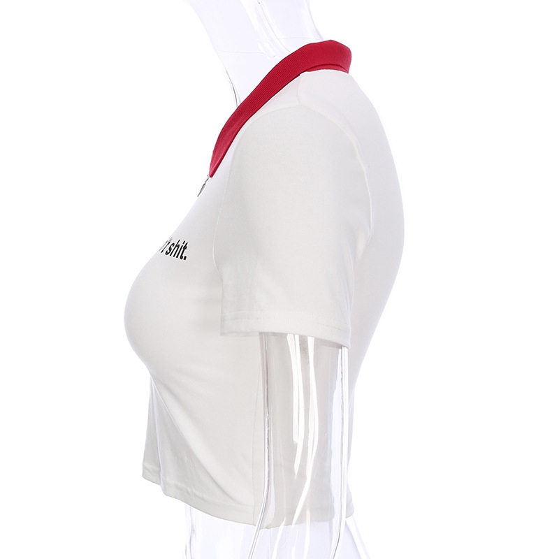 Áo thun tay ngắn cổ polo dáng ngắn ôm dáng in chữ màu tương phản thời trang cho nữ