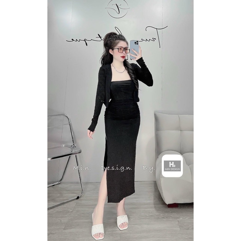 Set váy nữ thun body dáng dài kèm cadigan khoác nhẹ sexy quyến rủI Trần Hân Shop 4012381