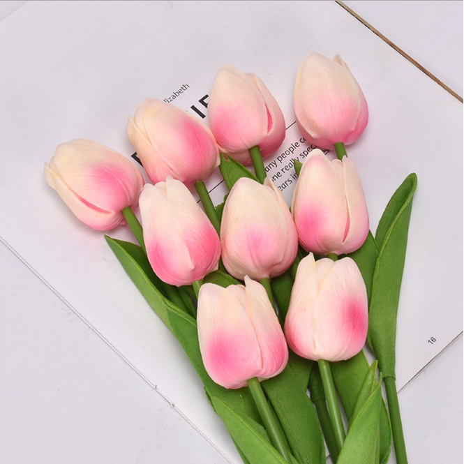 Hoa giả-Com bô 10 bông hoa tulip cao cấp lá thẳng trang trí nhà cửa, bàn làm việc, kệ sách