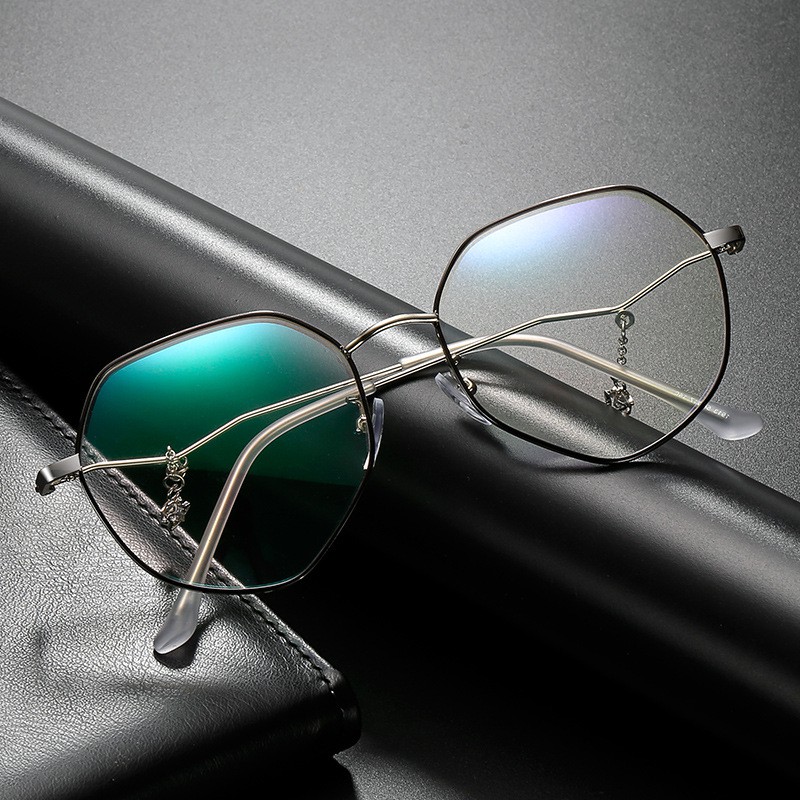 Kính mắt chống tia sáng xanh gọng đa giác phong cách cổ điển có dây đính đá thời trang