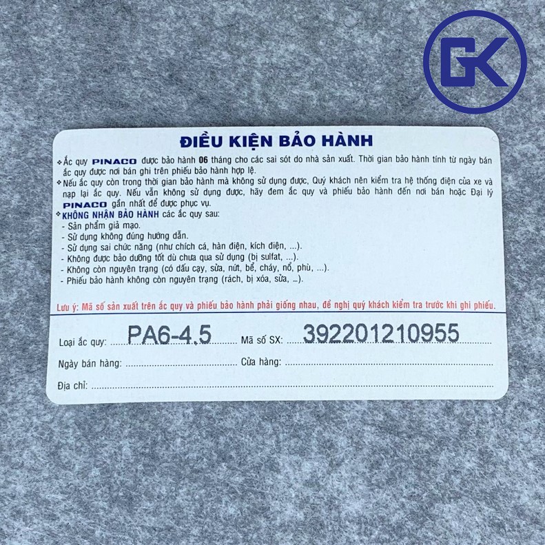 [Bảo hành 6 tháng toàn quốc] Ắc quy khô 6V Đồng Nai PINACO PA6 4.5 (Ô  tô điện trẻ em , quạt tích điện , .....)