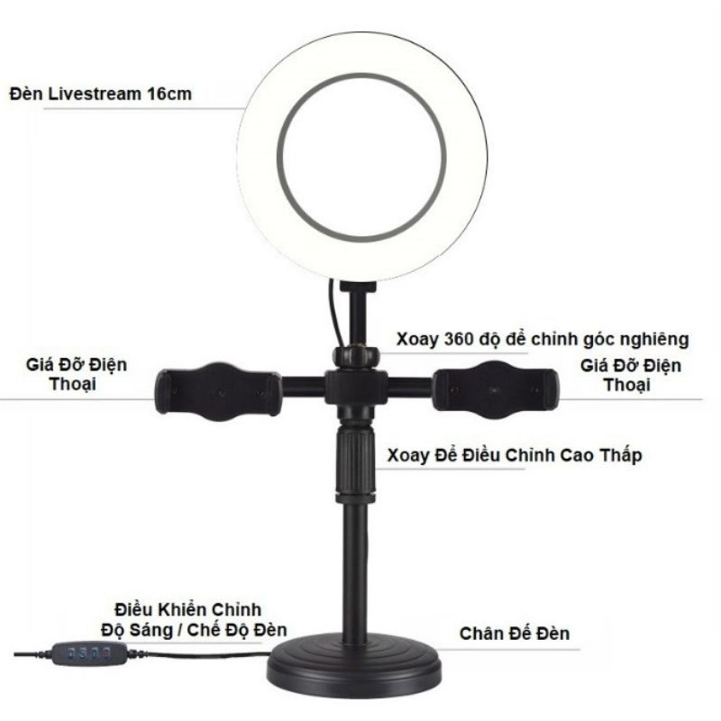 Giá đỡ livestream 2 điện thoại có đèn 16cm.