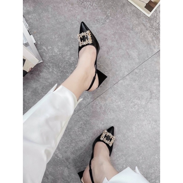 Giày sandal cao gót hoa đá vuông gót Tam giác 9p chanh xả