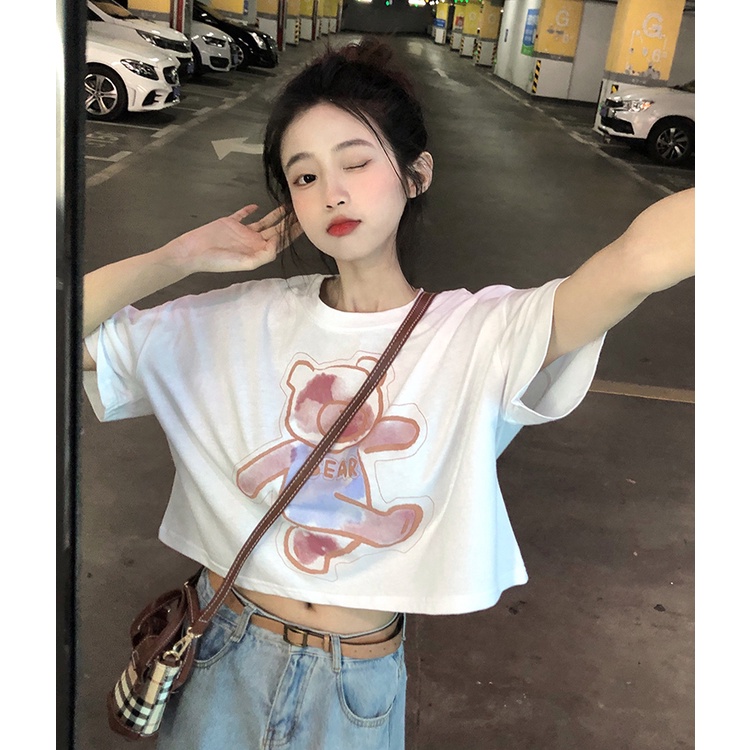 Áo Thun cotton Ngắn Tay Họa Tiết Hoa Thời Trang Hàn Quốc Cho Nữ