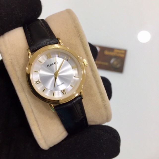 Đồng hồ Halei nữ mặt tròn kim loại dây da chống nước