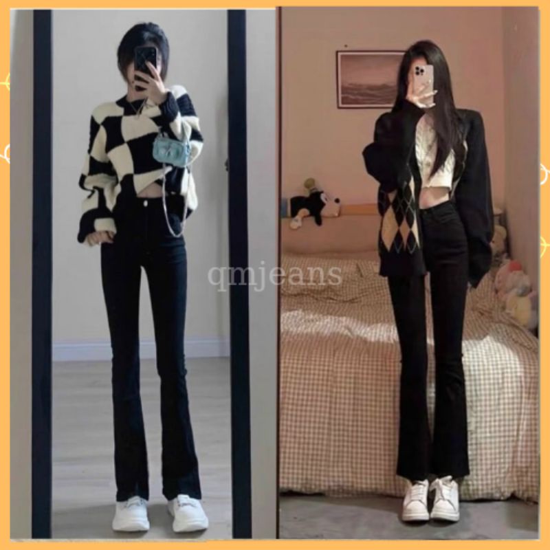 Quần jeans bò ống đứng cạp cao co dãn loe xẻ gấu phong cách Hàn Quốc