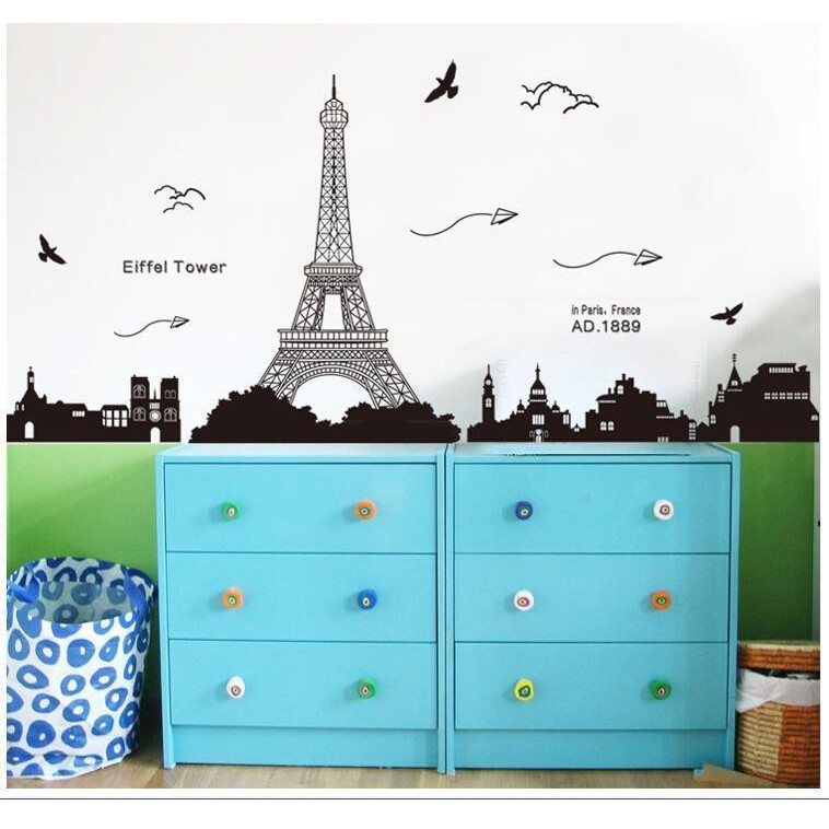 Decal dán tường thành phố Paris và tháp Eiffel xinh đẹp của nước Pháp