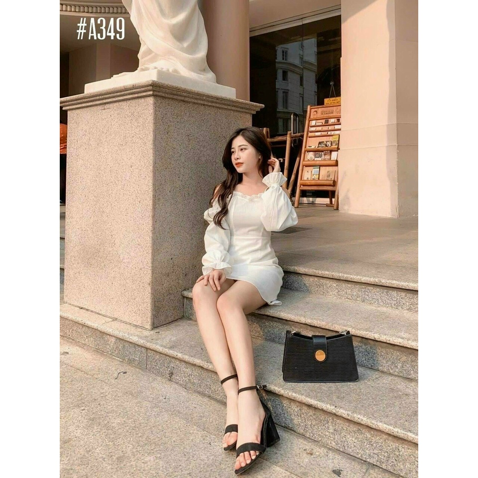 Đầm trễ vai tay nhún cột nơ vai (có sẵn mút) 2 màu đen và trắng