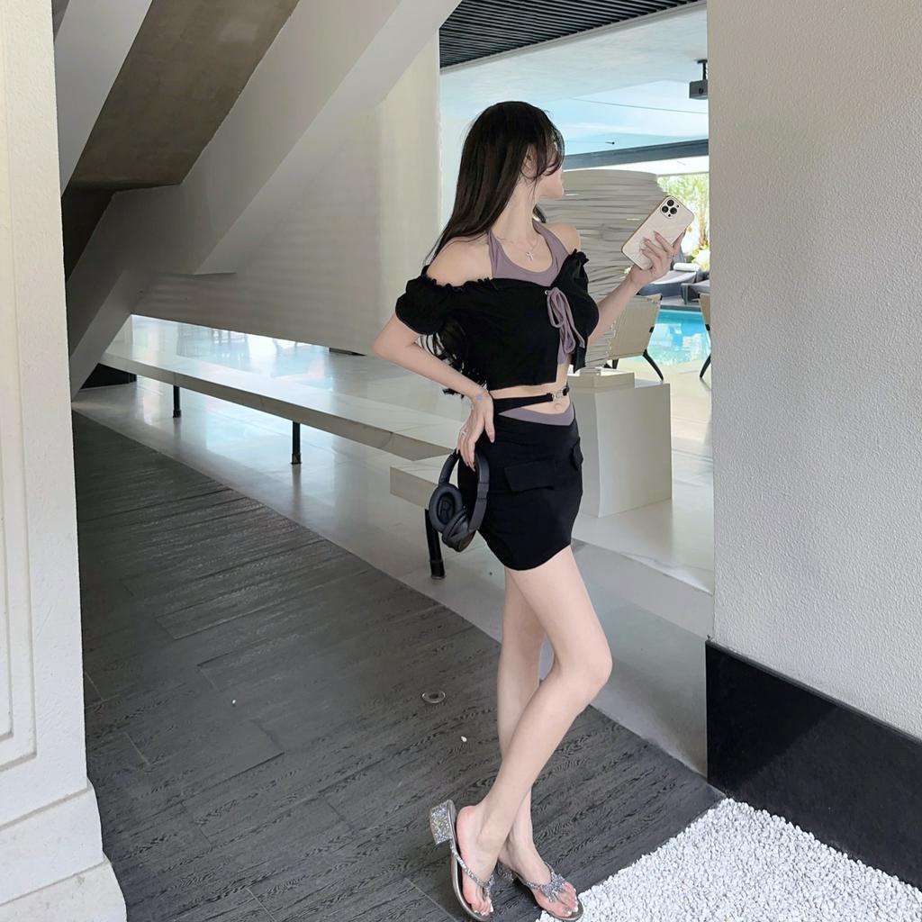 Set Áo Hở Vai Giả Hai Lớp Phối Màu Tương Phản + Chân Váy Thời Trang Mùa Hè Cho Nữ