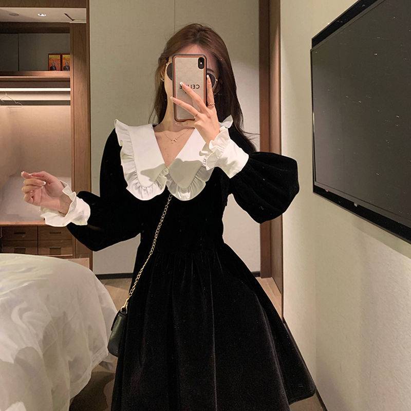 Váy babydoll đầm babydoll Đầm Nhung Tay Dài Dáng Chữ A Cổ Búp Bê Phong Cách Thời Trang Thu Đông Hàng Mới 2021