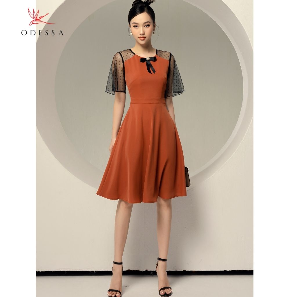 Váy Công Sở ODESSA Dáng Xòe Nhẹ Thiết Kế Cổ Đính Nơ Phối Ren Duyên Dáng, Chất Liệu Chiffon Cao Cấp Mềm Mịn DK21-084