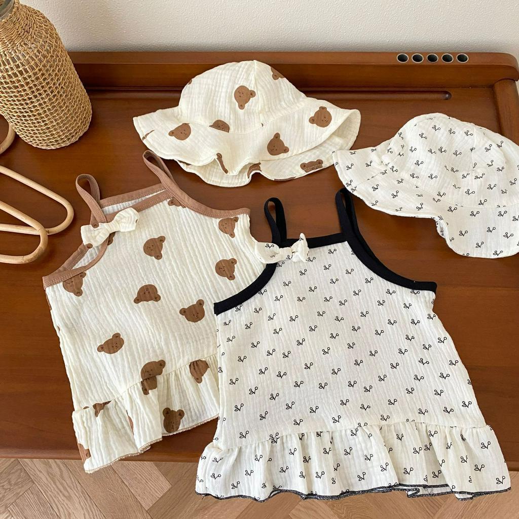 Set váy 2 dây bé gái kèm mũ chất xô cao cấp mềm thoàng mát
