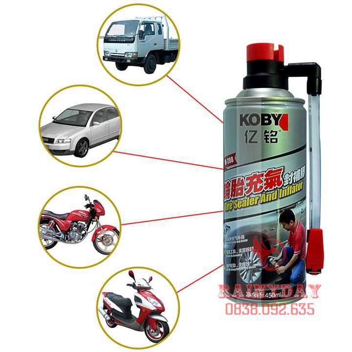 [Hàng Chuẩn Loại 1] Bình chai bơm keo tự vá vỏ lốp bánh xe máy ô tô Koby 450ml khẩn cấp có và không săm thông minh .