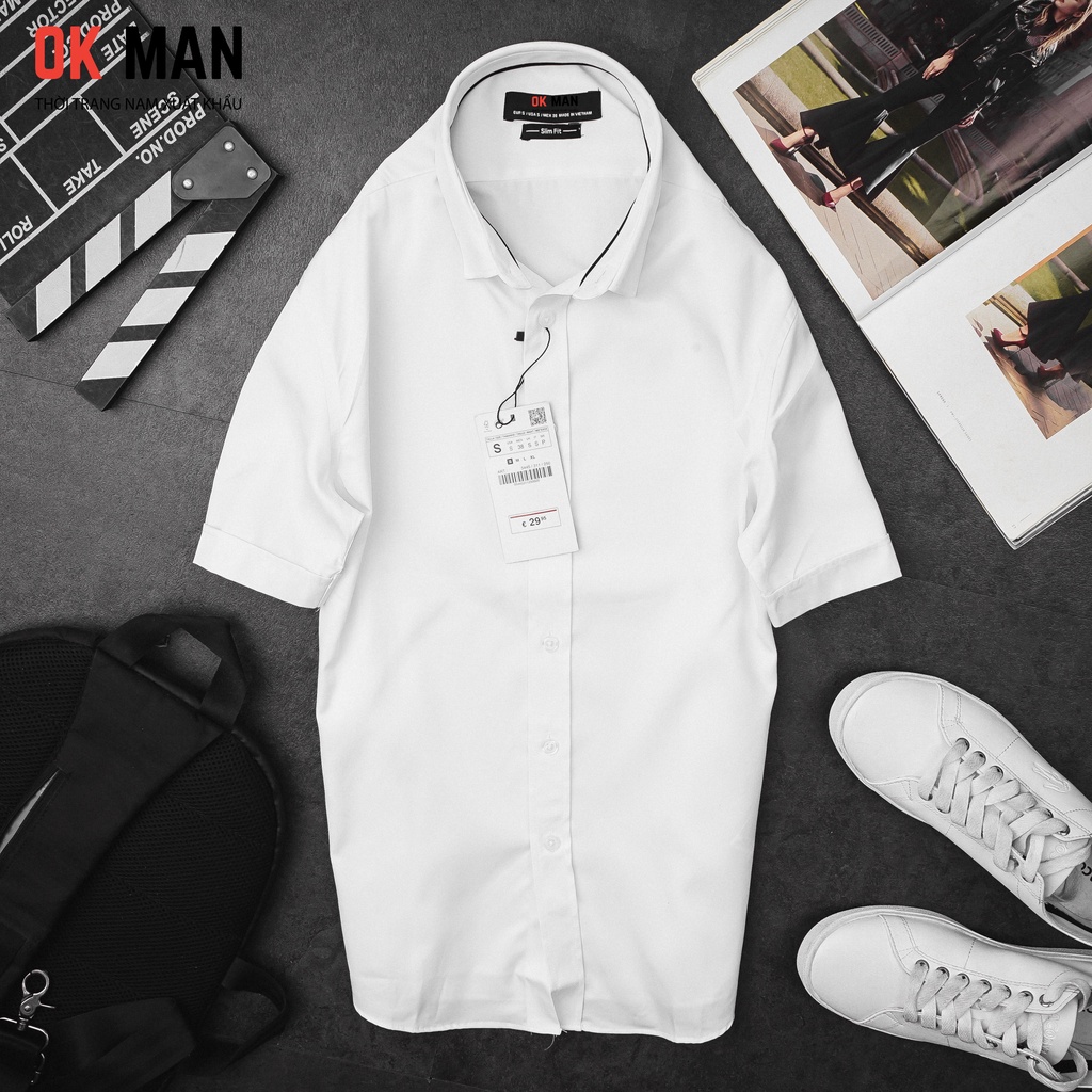 Áo sơ mi nam ngắn tay, form slimfit, 5 màu, chất liệu cotton, OkMan - SMNT