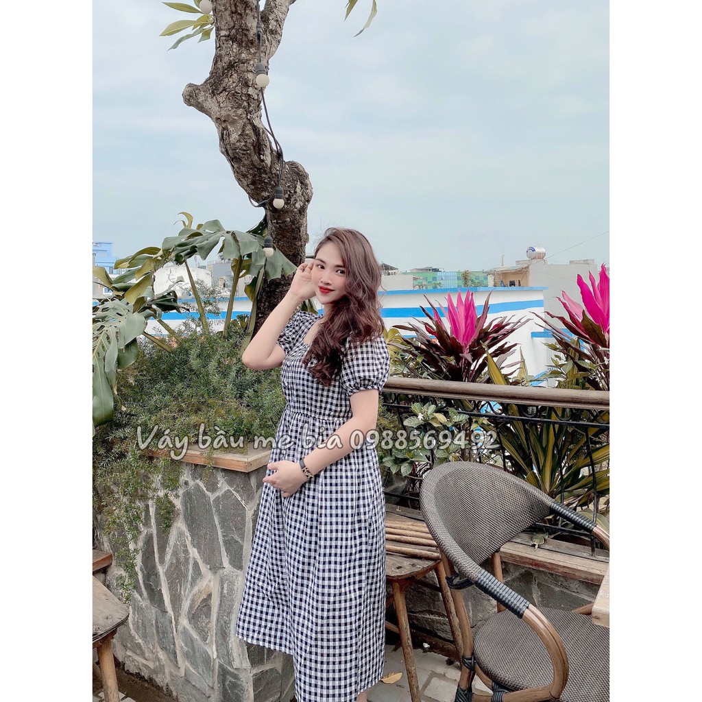 Váy bầu bigsize - Đầm bầu thiết kế GuMe kẻ caro cổ vuông cúc bọc kiểu dáng babydoll chất vải thô cotton mềm_MB228
