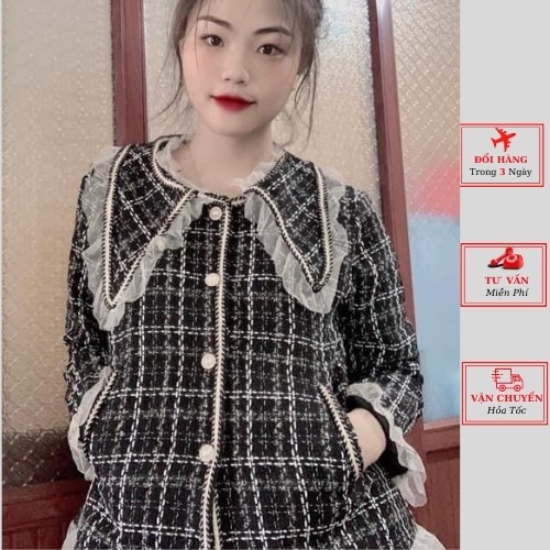Áo dạ tweed nữ viền bèo cúc ngọc ulzzang Hàn Quốc phong cách tiểu thư