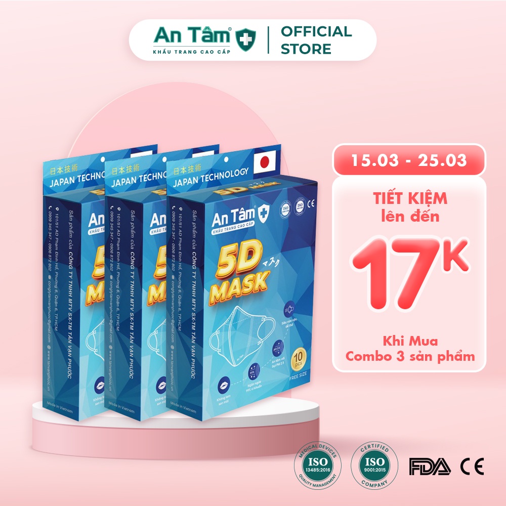 Combo 3 hộp khẩu trang y tế 5D 3 lớp Vải Không Dệt &amp; Giấy Kháng Khuẩn - Chính Hãng AN TÂM - Hộp 10 cái