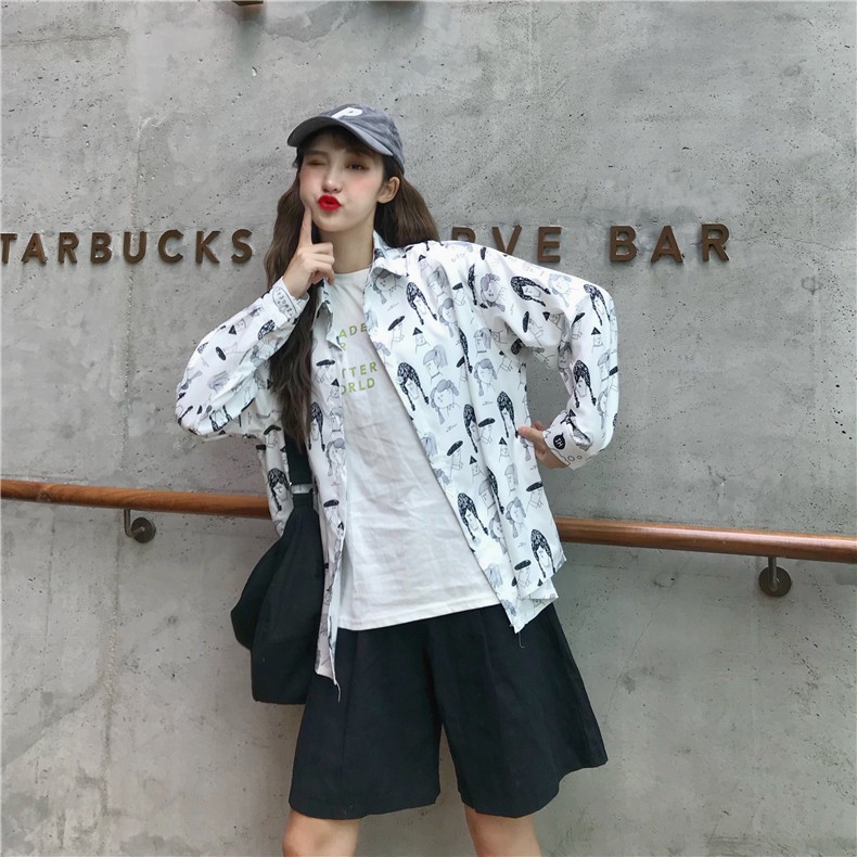 LEEVA - Áo sơ mi họa tiết nữ dài tay in hình năng động: GIRL