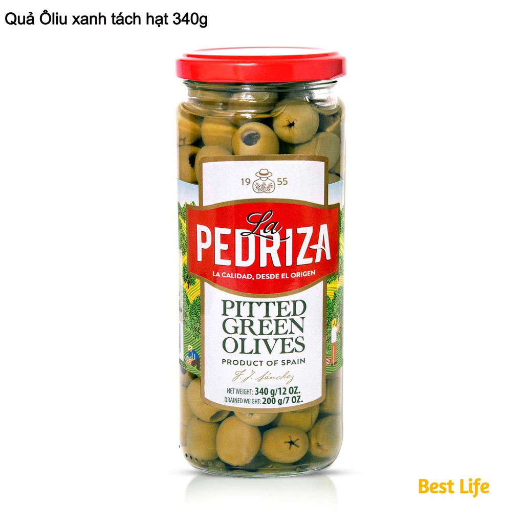 Quả oliu xanh tách hạt nhãn hiệu La Peddriza 340g dùng ăn trực tiếp hoặc làm nhân pizza